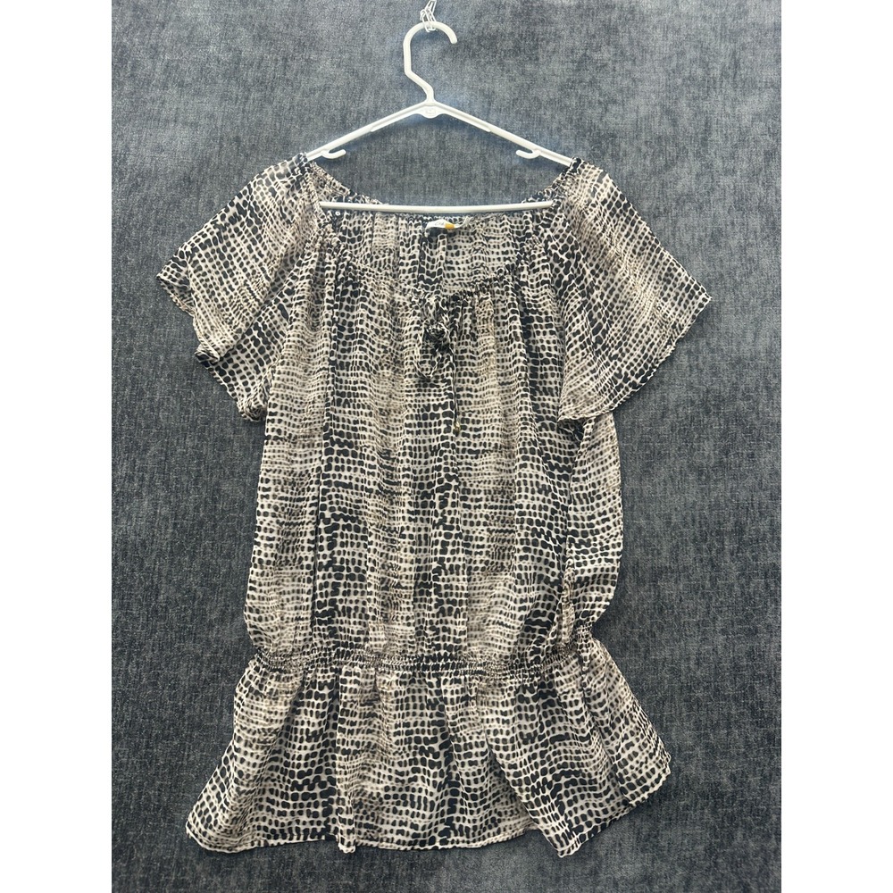 Calvin Klein Blouse Top Women L Brown Black Animal Print Flutter Sleeve Drop Hem